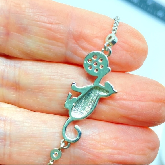 Cat Slider Bracelet Silver Tone Stainless Steel Cat with Rhinestone Yarn Ball - Picture 2 of 4